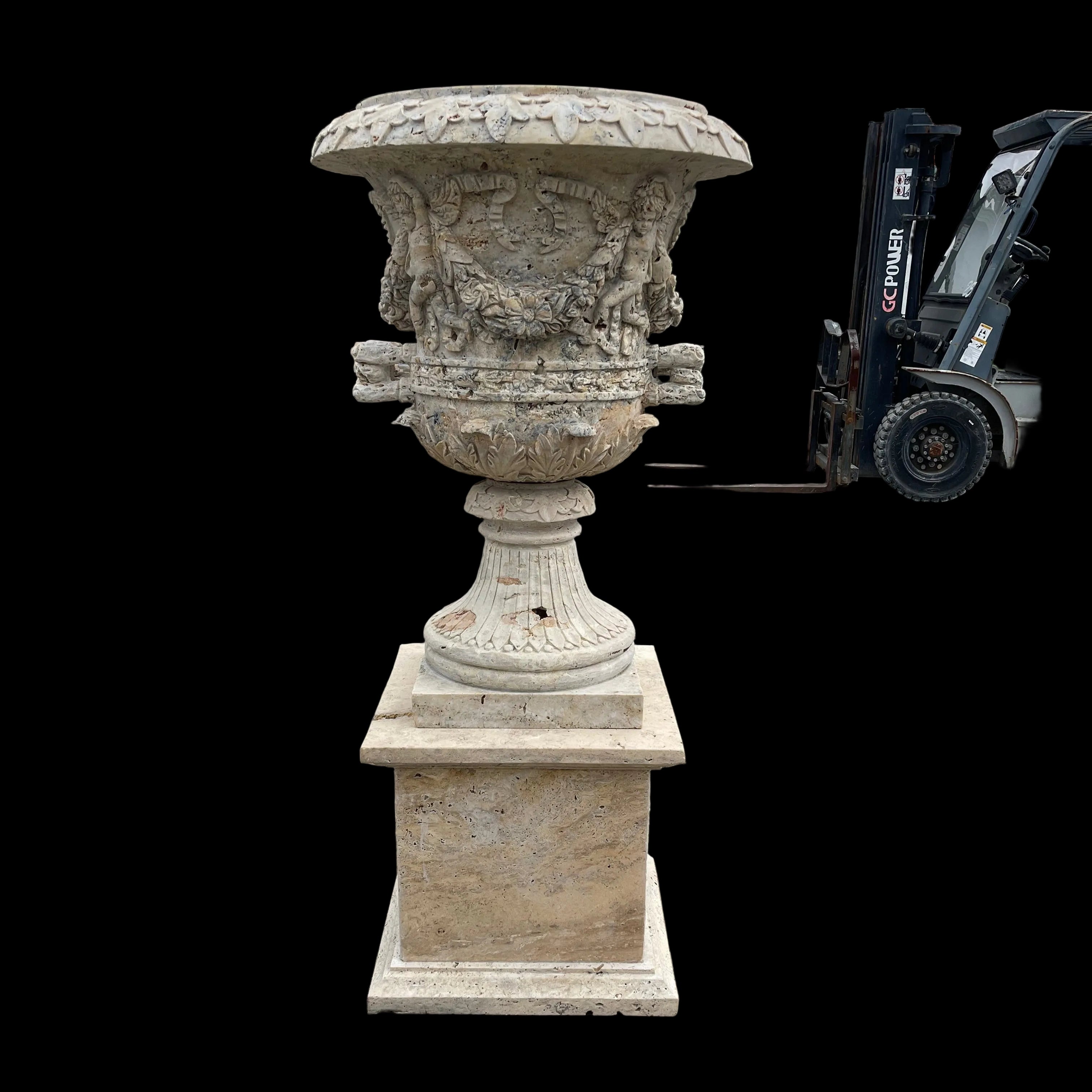 Ornate Cherub & Rose Travertine Urn