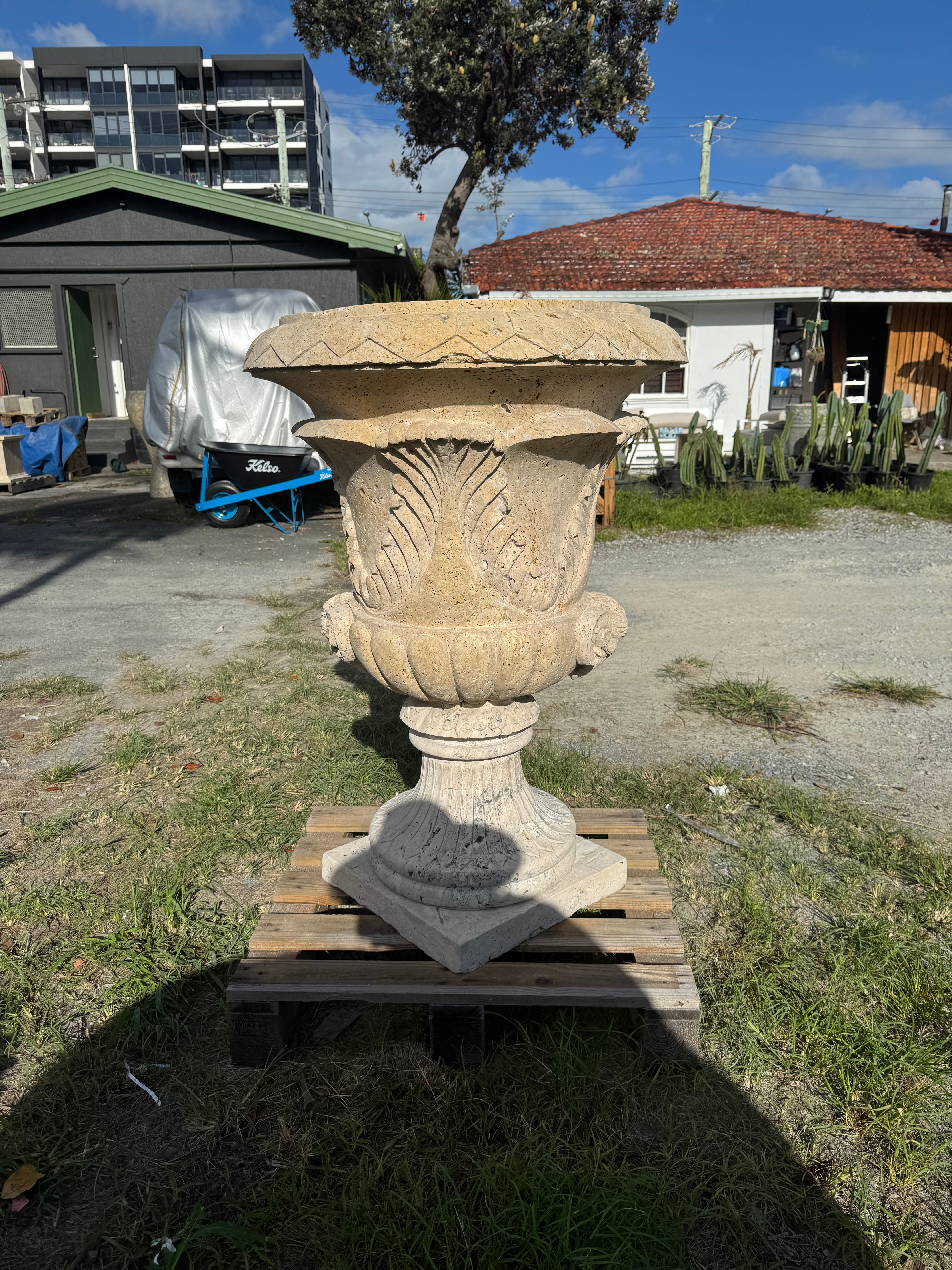 Ornate Travertine Goats Heads Urn