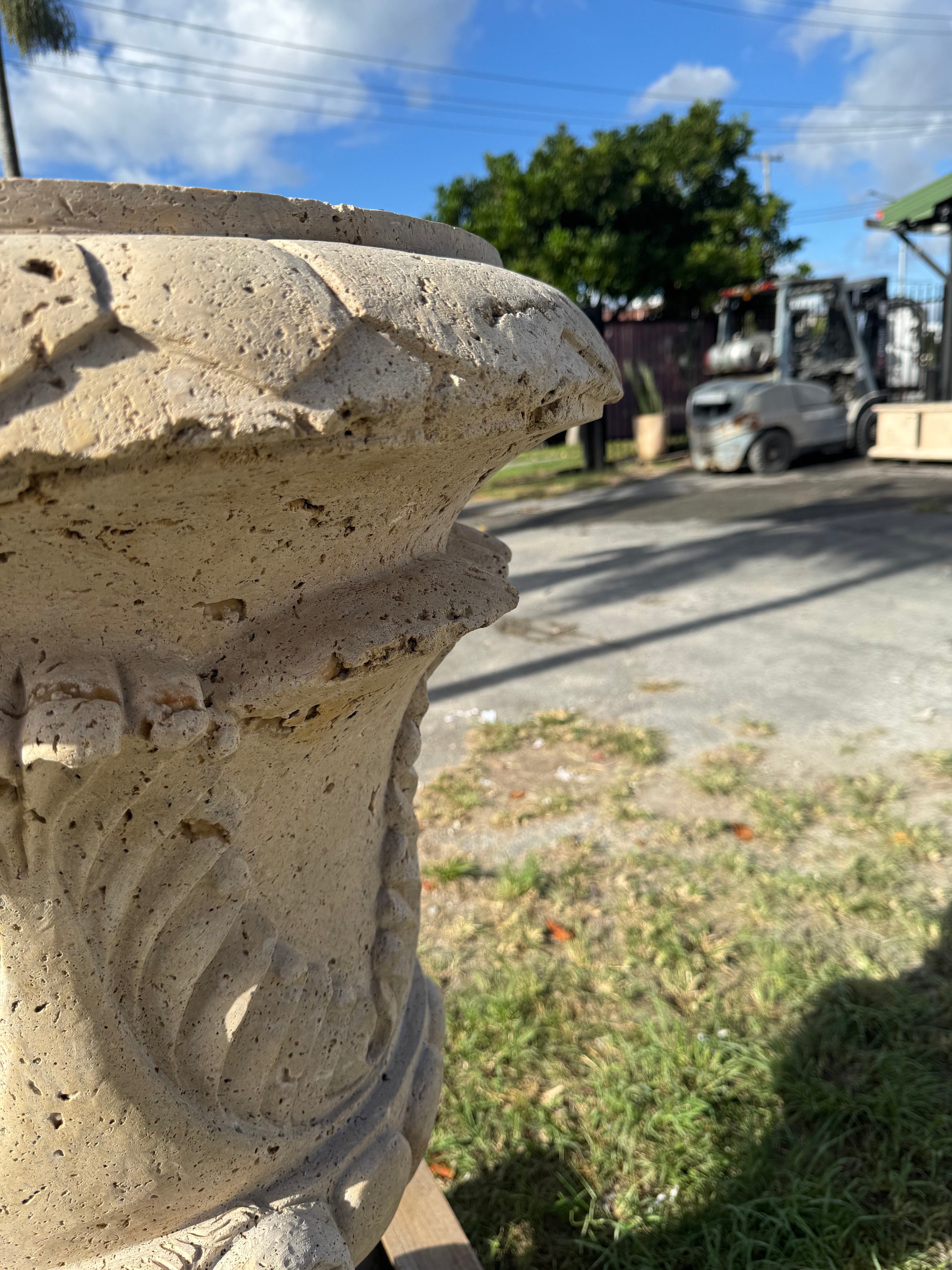 Ornate Travertine Goats Heads Urn