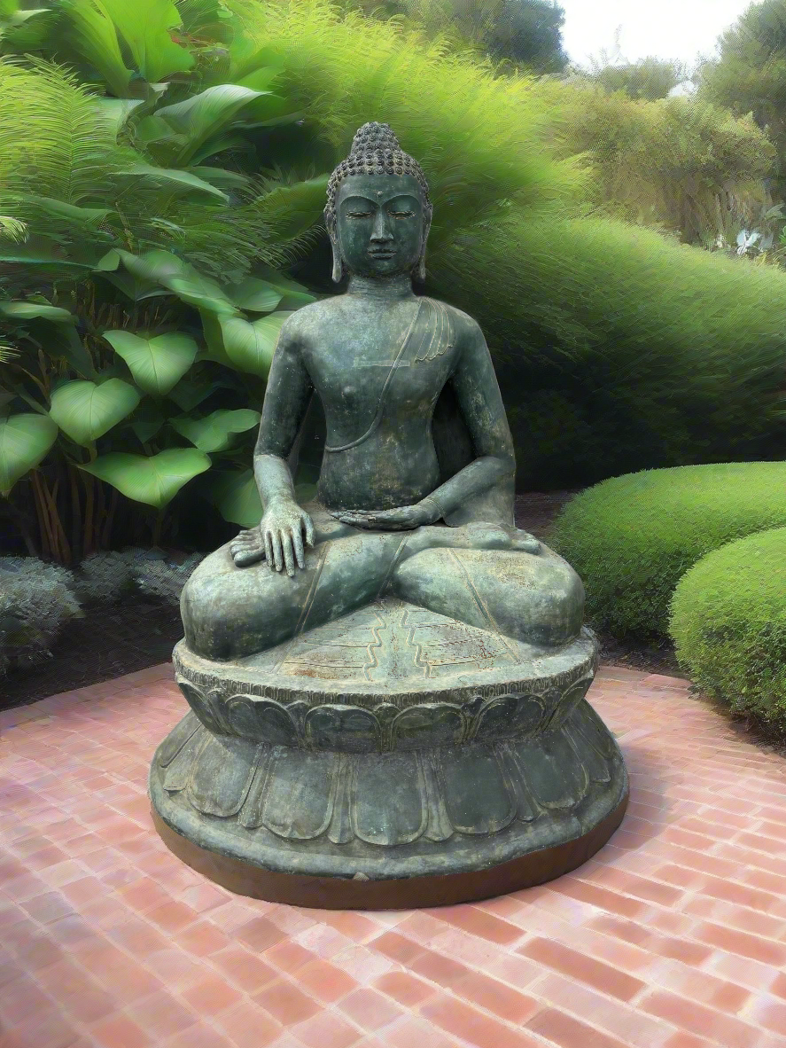 Handmade Tall Metal Buddha statue with a warn copper plated patina on bricks in a garden