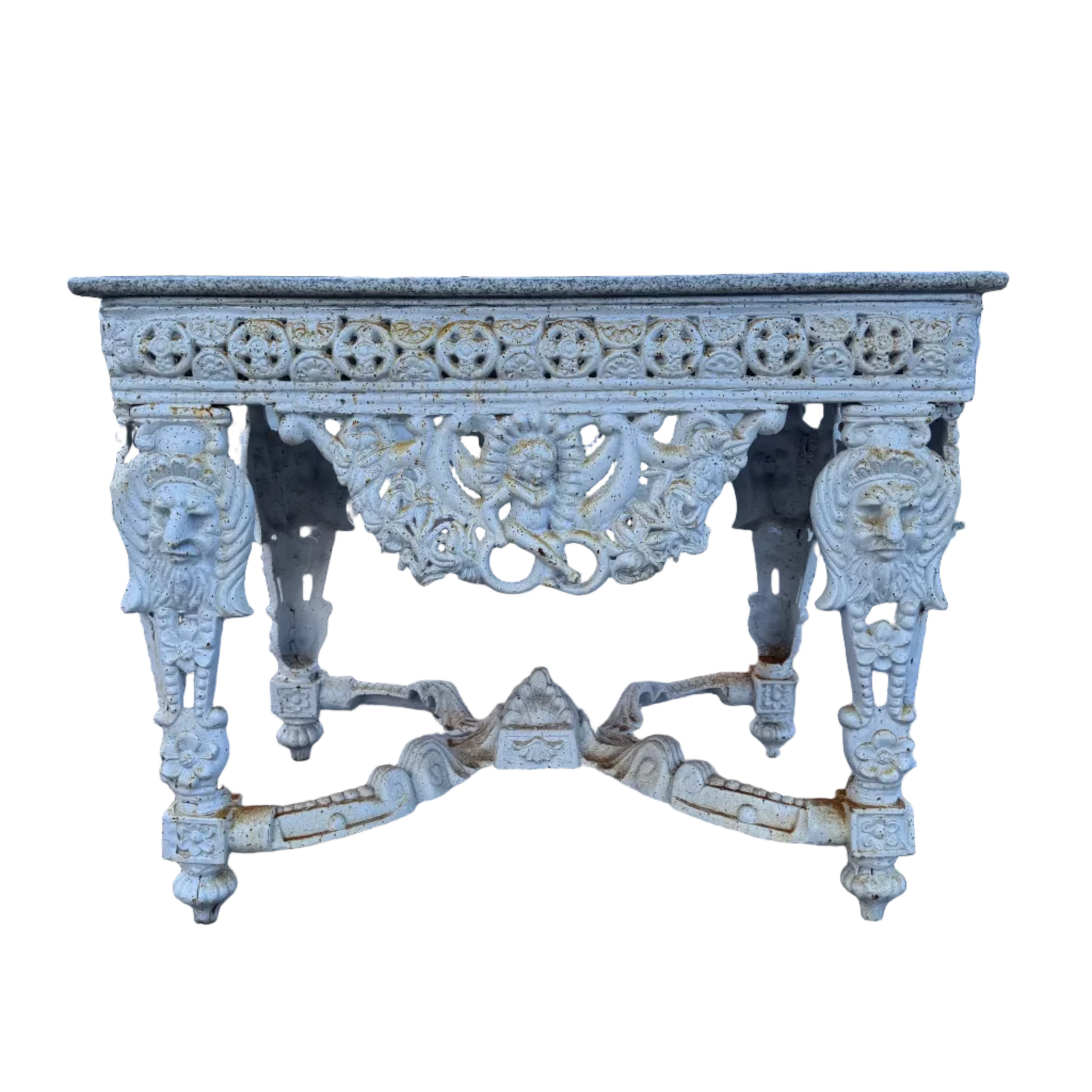 Decorative rustic white cast iron desk with intricate designs and a stone top