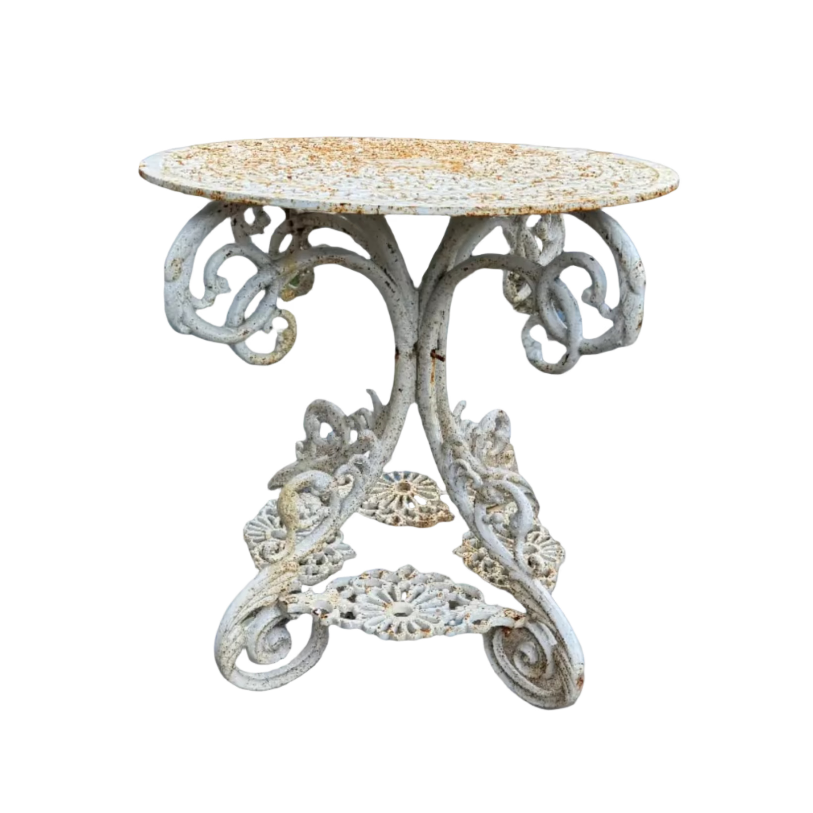 An ornate metal side table with a distressed white-painted frame and a round tabletop, isolated on a transparent background.