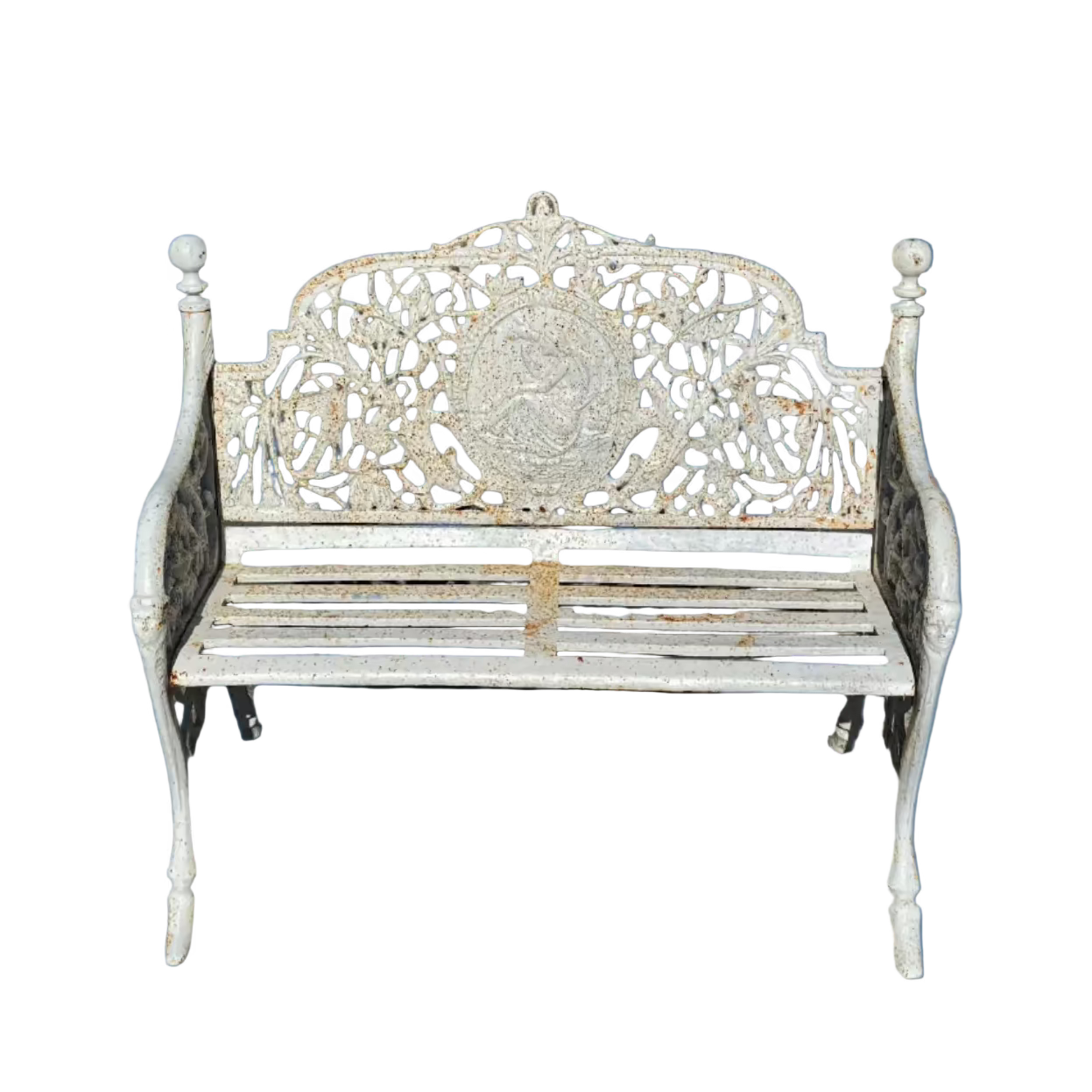 Decorative white metal bench with a rusted patina