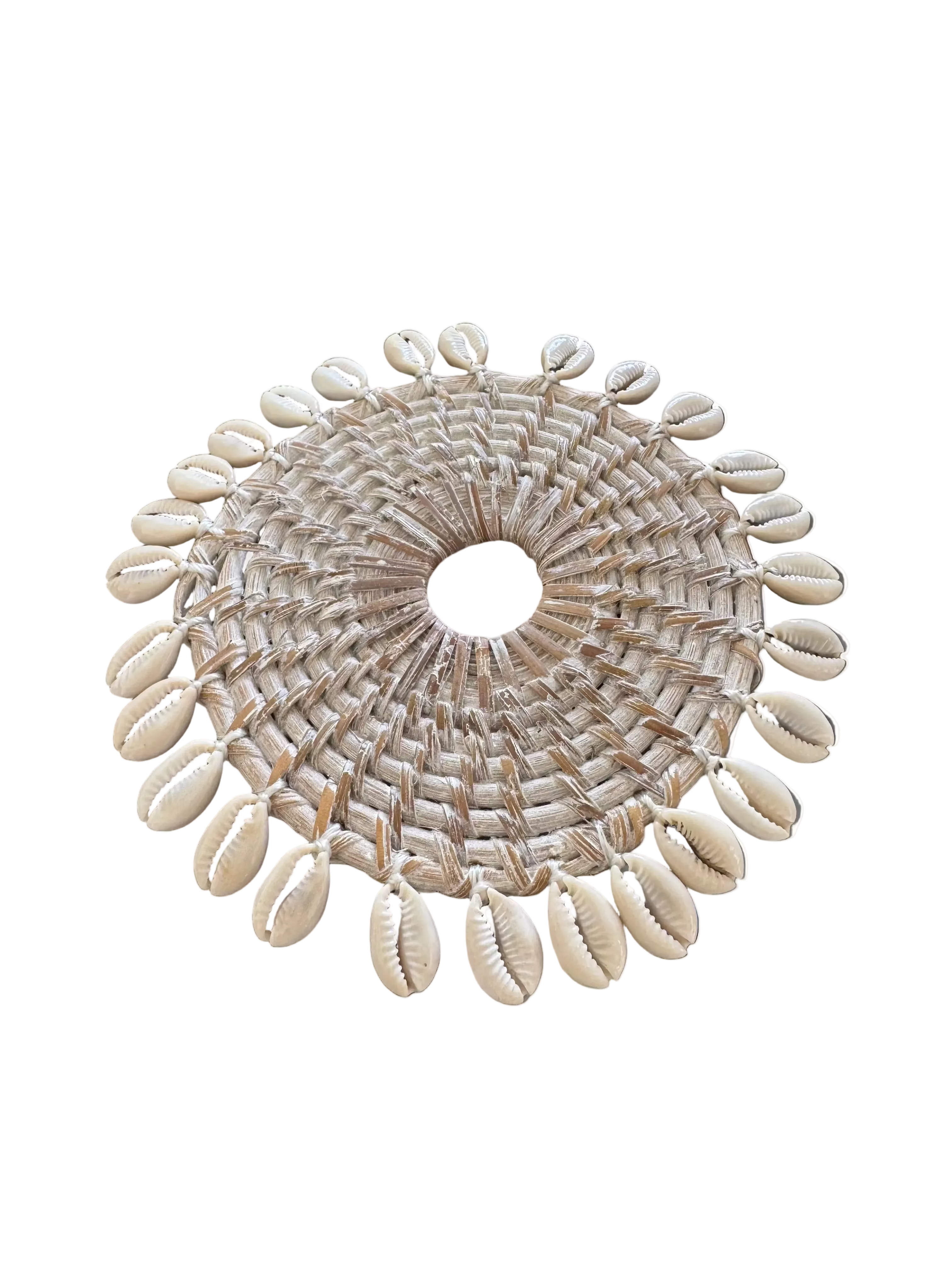 Handmade Round Rattan Coaster w Cowrie Shell Border