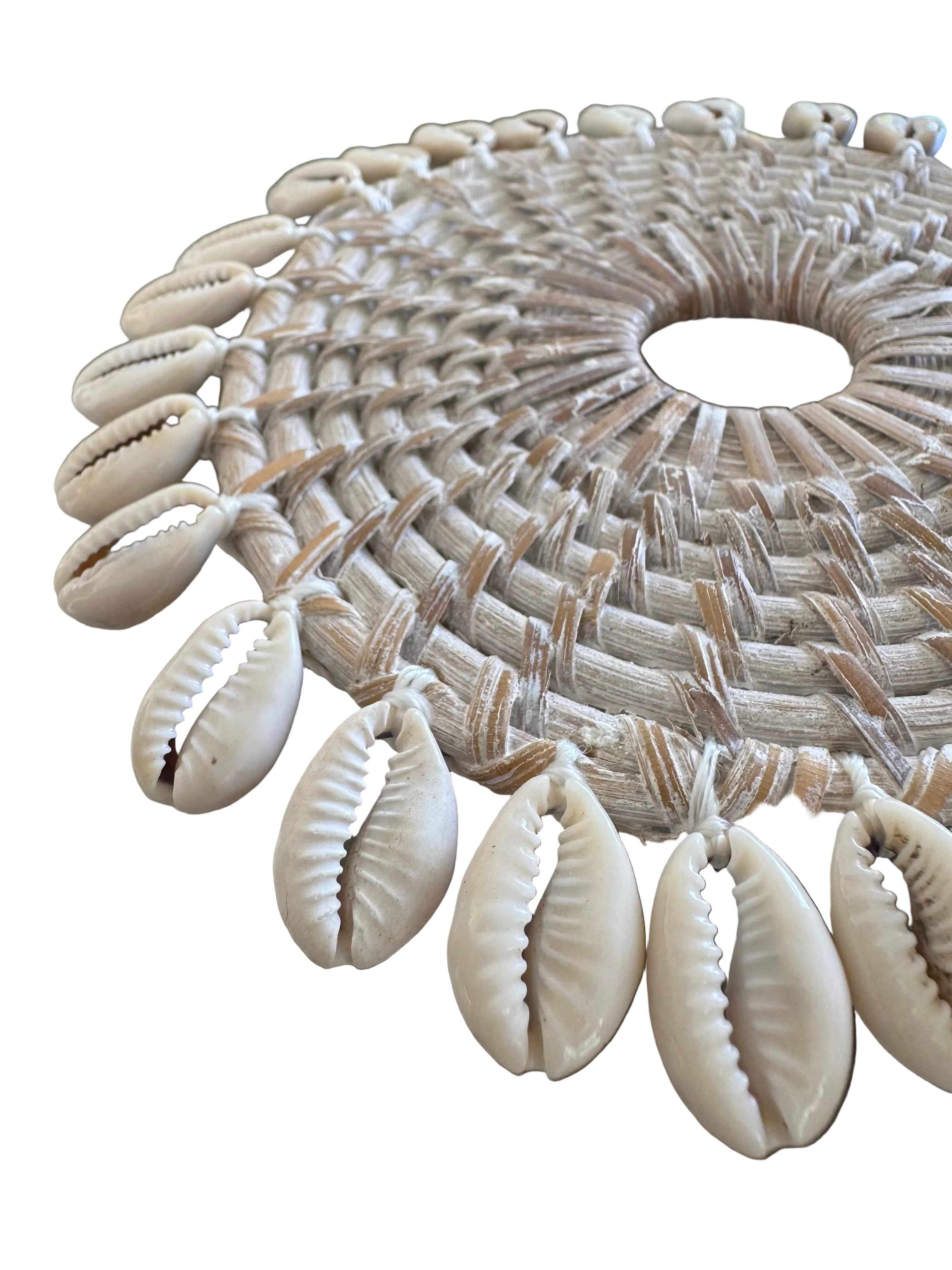 Handmade Round Rattan Coaster w Cowrie Shell Border
