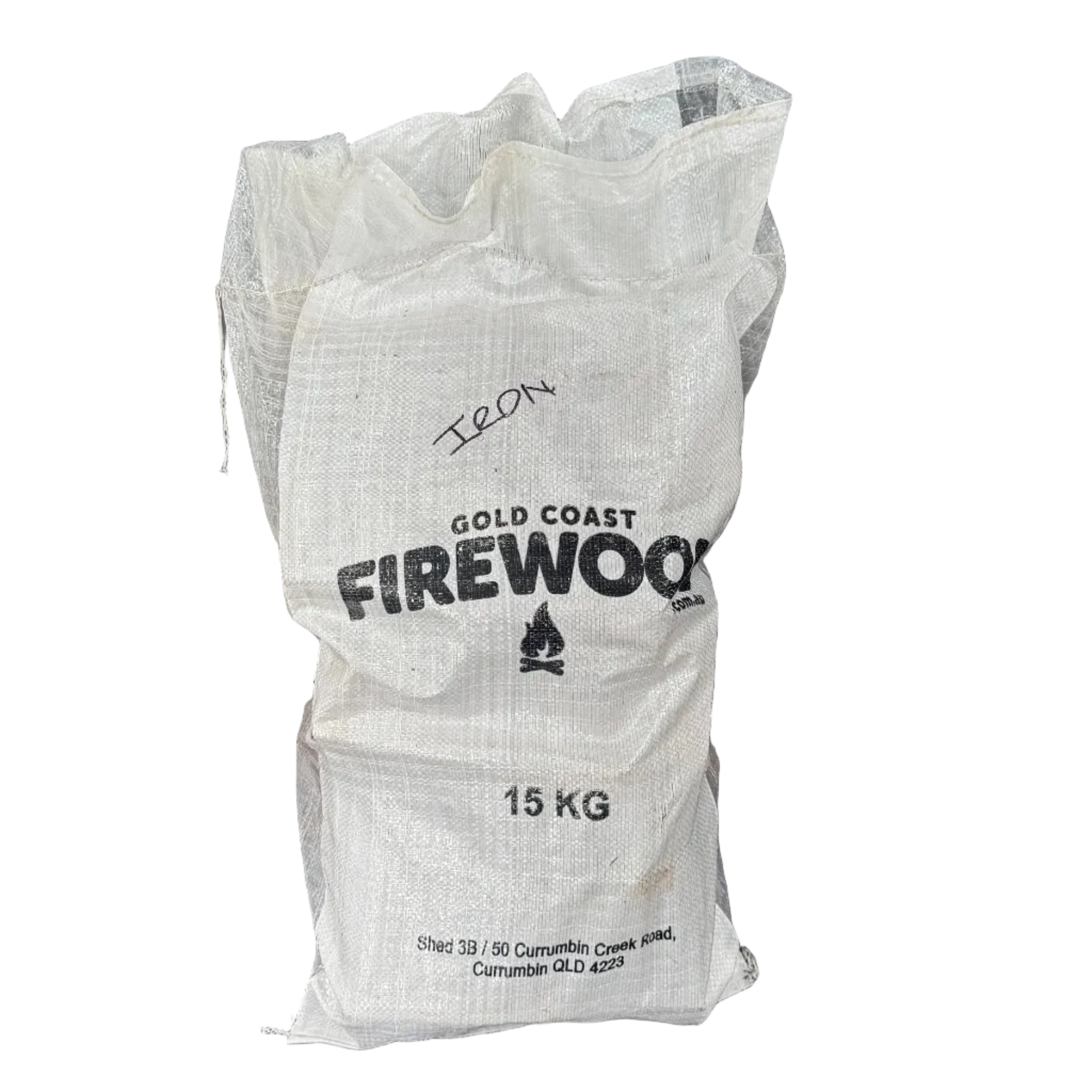 White bag of Gold Coast Firewood on a dark surface