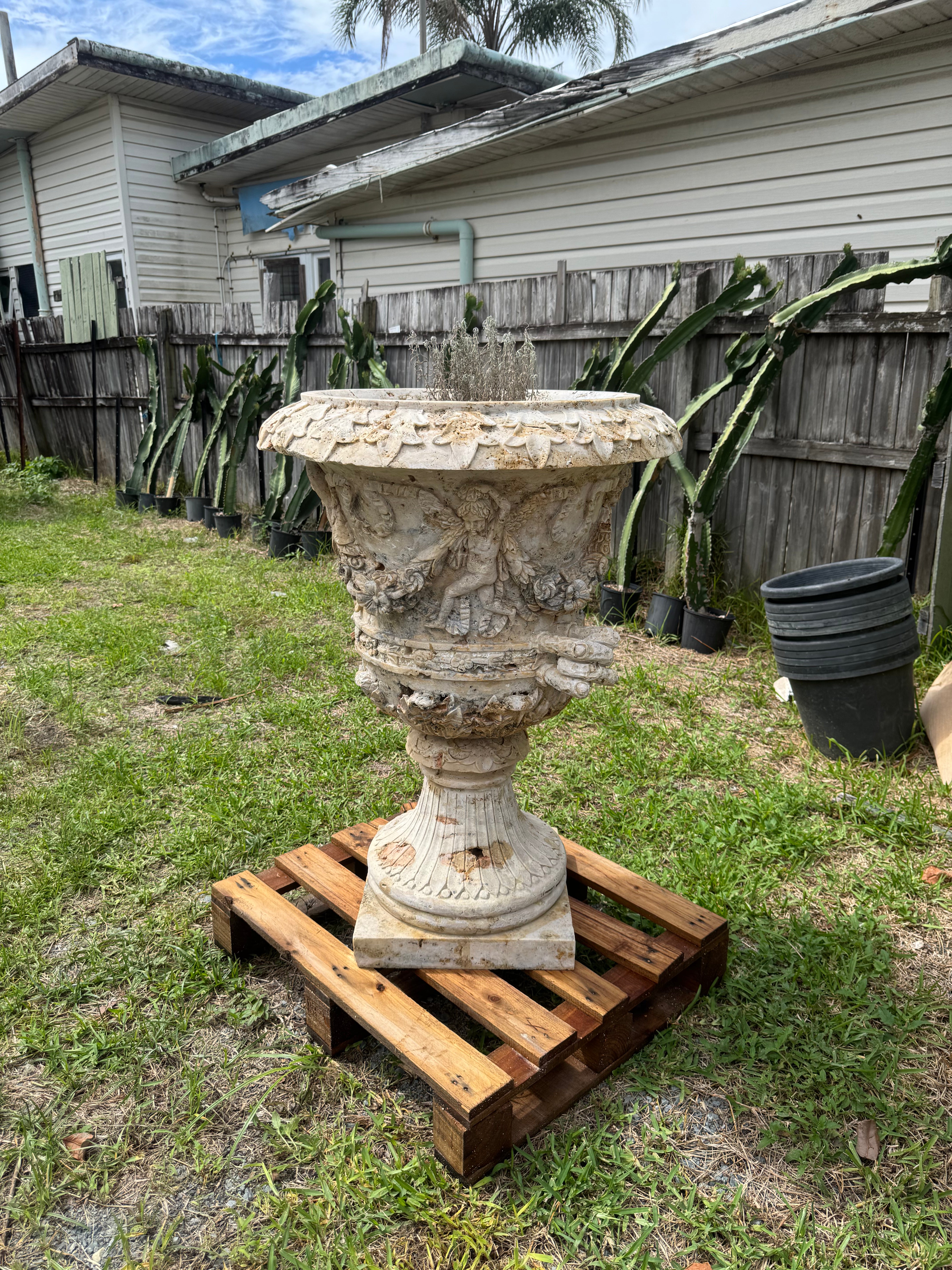 Ornate Cupid & Roses Travertine Urn