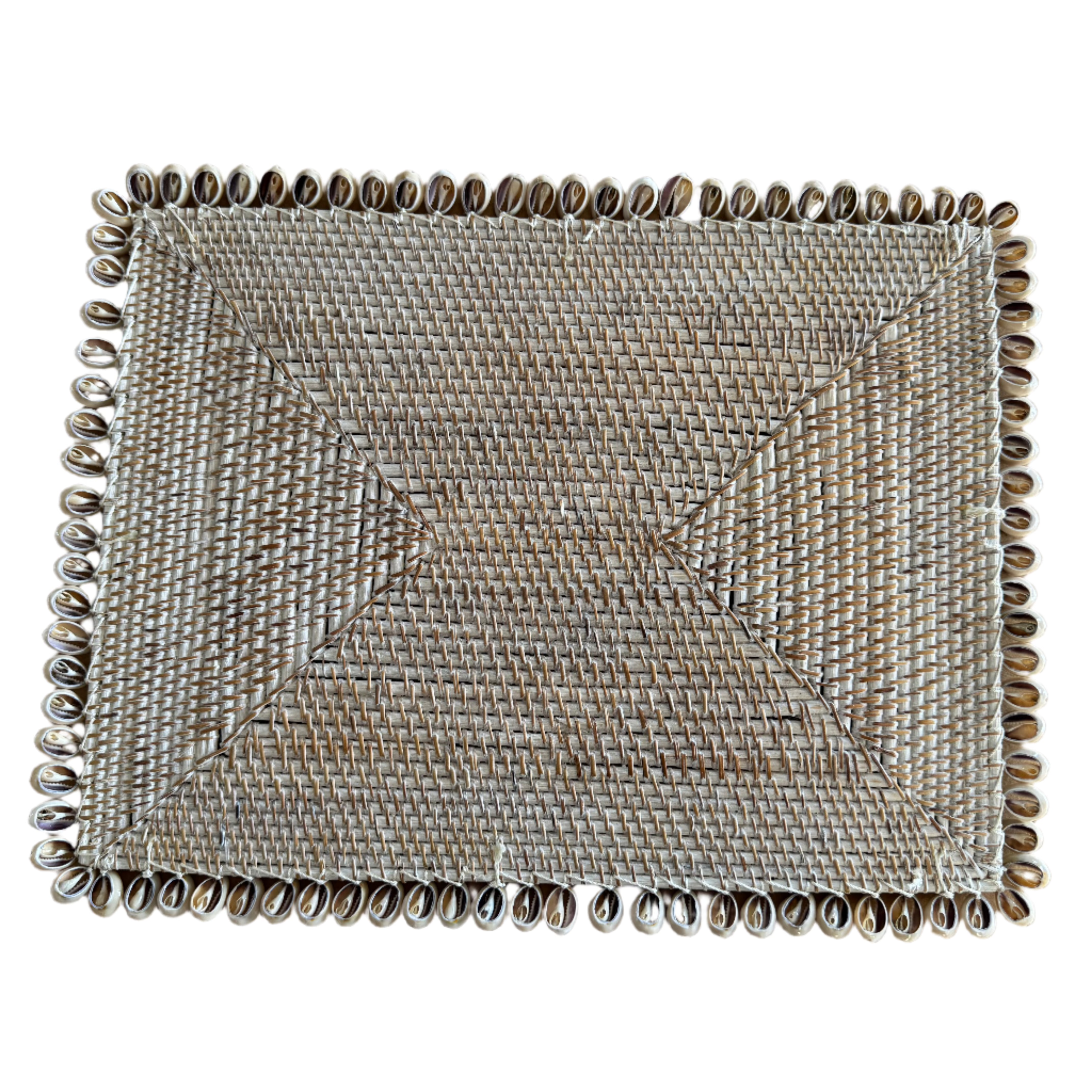 Rectangular Rattan dining table placemat with cowrie shell border back side