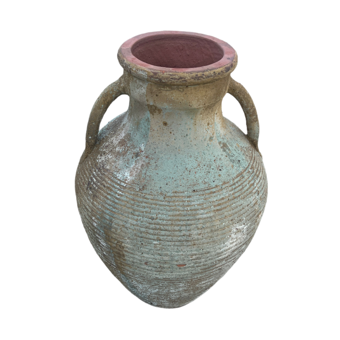 Two handle ribbed urn with warn patina