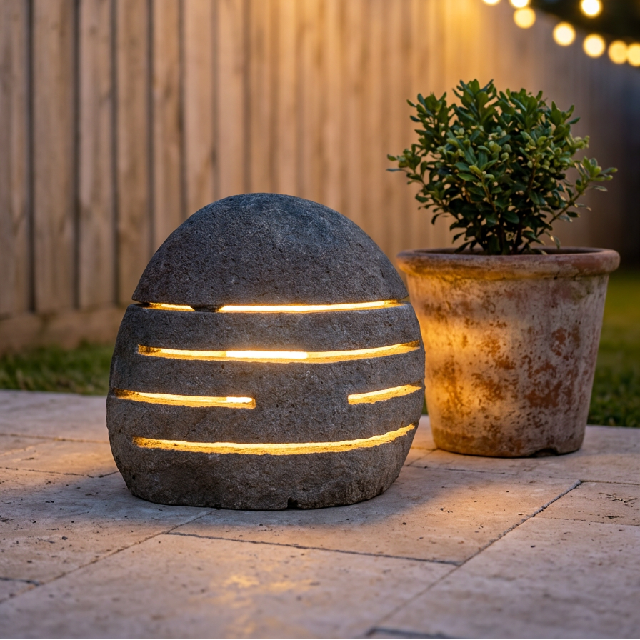 A stone egg-shaped outdoor light with horizontal cutout slats glowing warm yellow, placed on a patio next to a potted plant in front of a wooden fence at dusk.