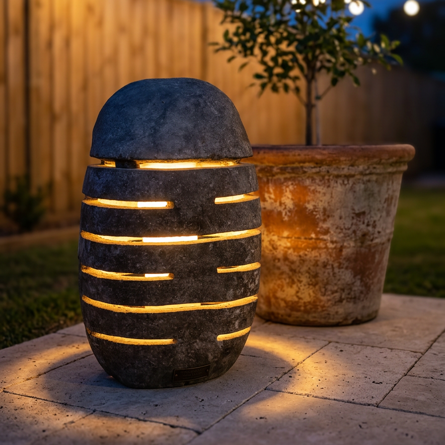 A dark stone outdoor bollard light with horizontal cutout slats glowing warm yellow, placed on a patio next to a large potted tree in a backyard at dusk.