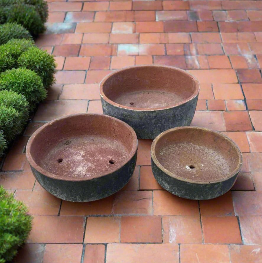 Handcrafted Vietnamese clay matte black round succulent garden bowl for indoor and outdoor plants in 3 different sizes