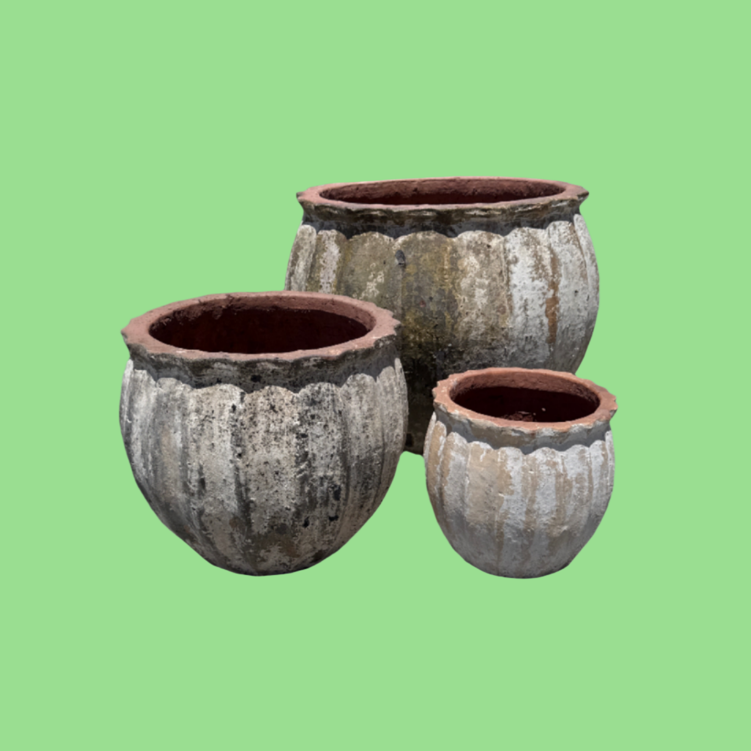 ancient Vietnamese garden pumpkin pots in three different sizes with a white background