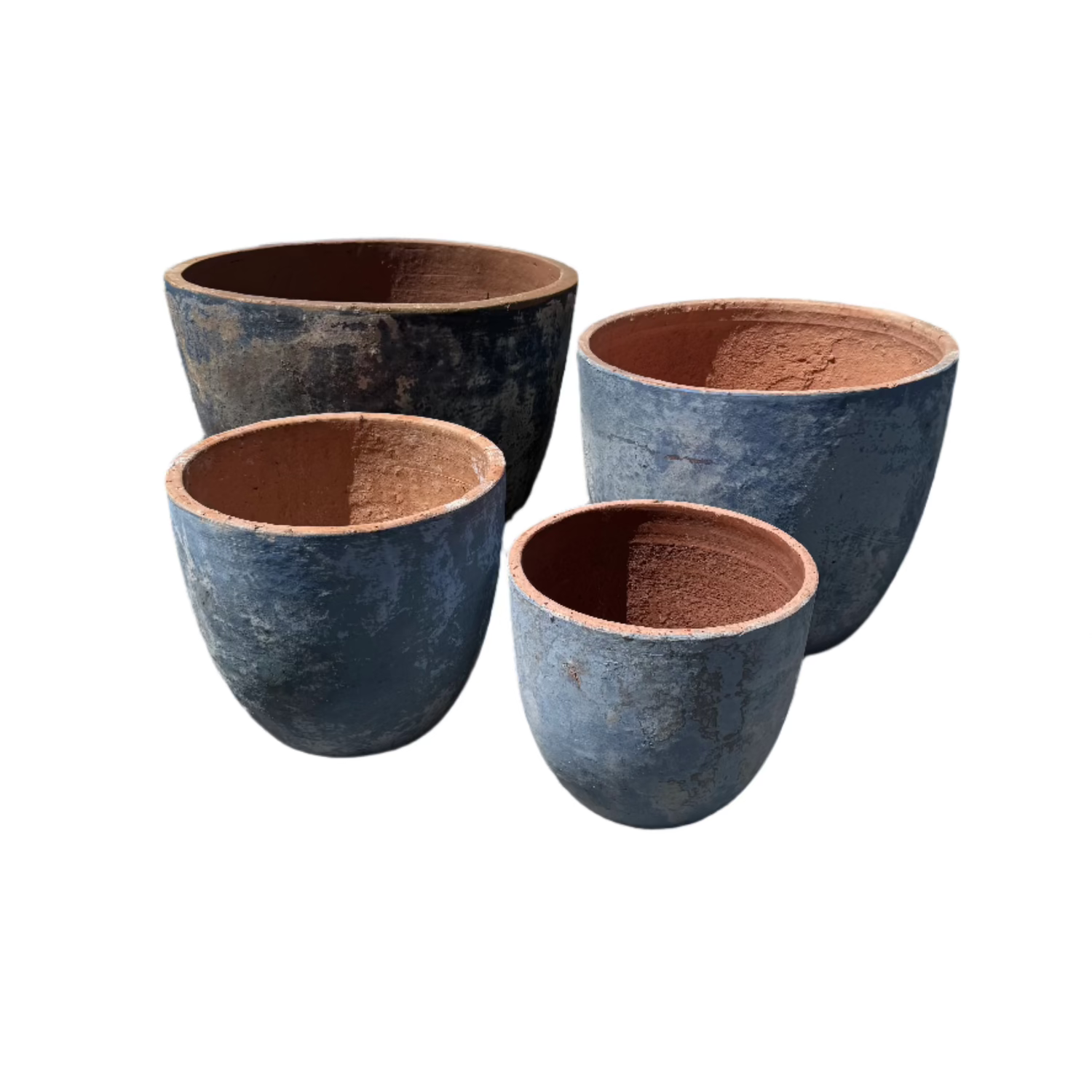 blue ancient Vietnamese egg pots in four sizes with a white background