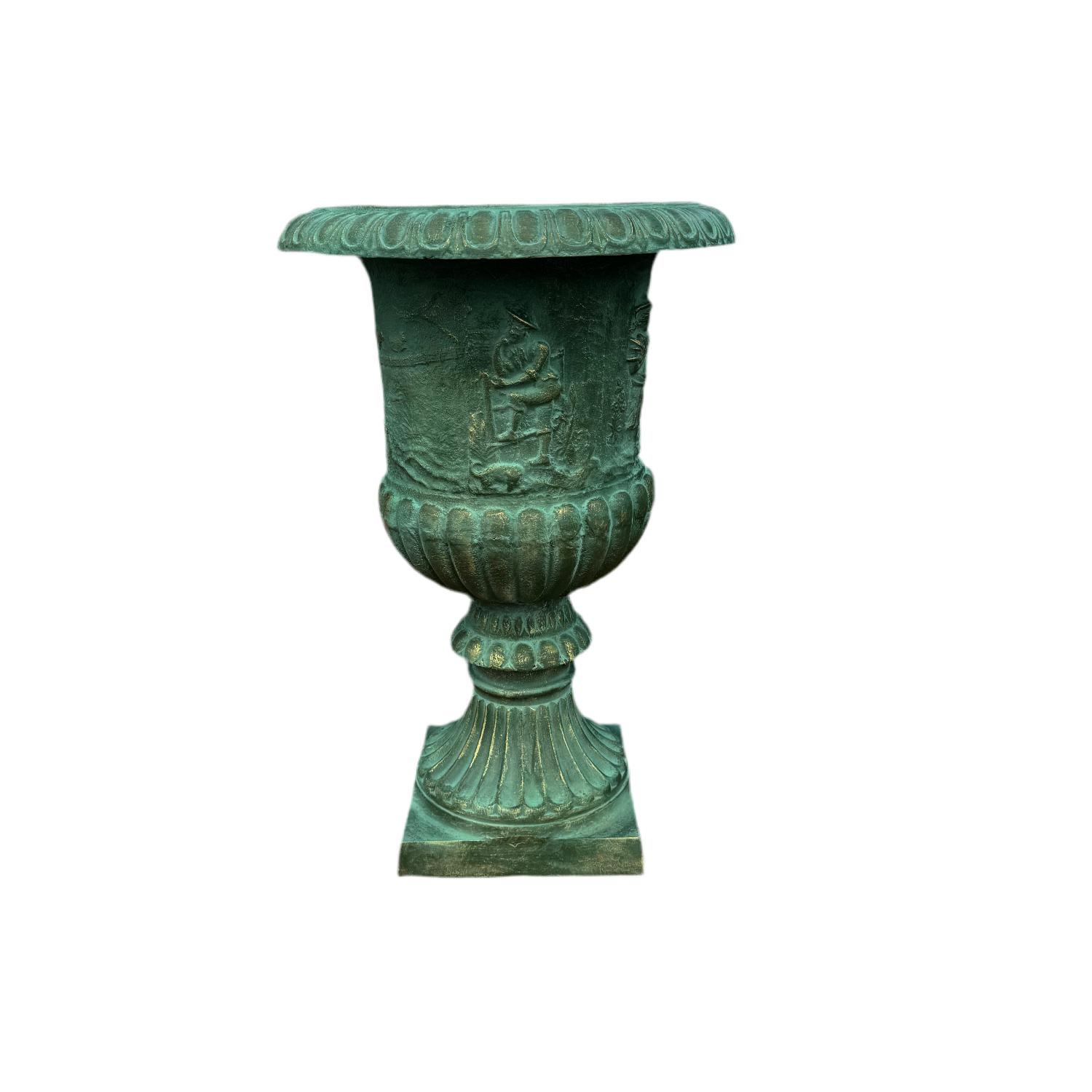 premium high-quality extra-large green cast iron urn with illustrations great as a feature pot and or statment piece