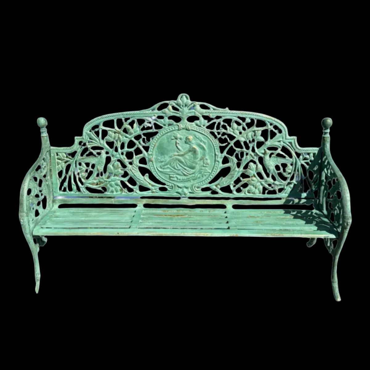 decorative rustic green 3-seater cast-iron bench seat chair