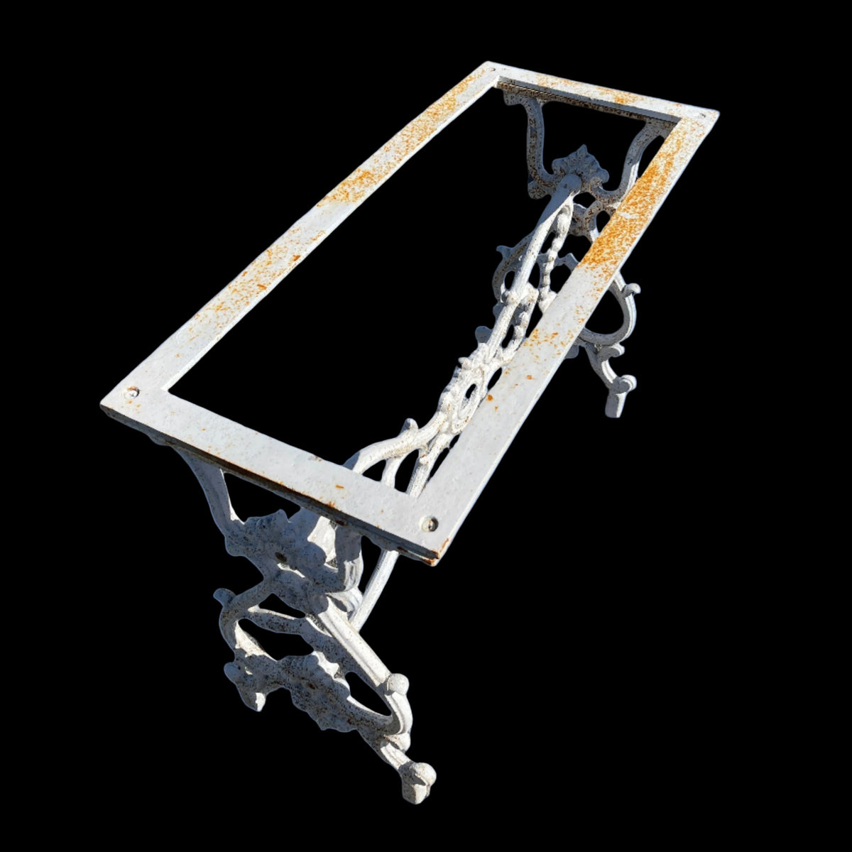 top view of a decorative rustic white Cast-Iron garden table frame with no table top