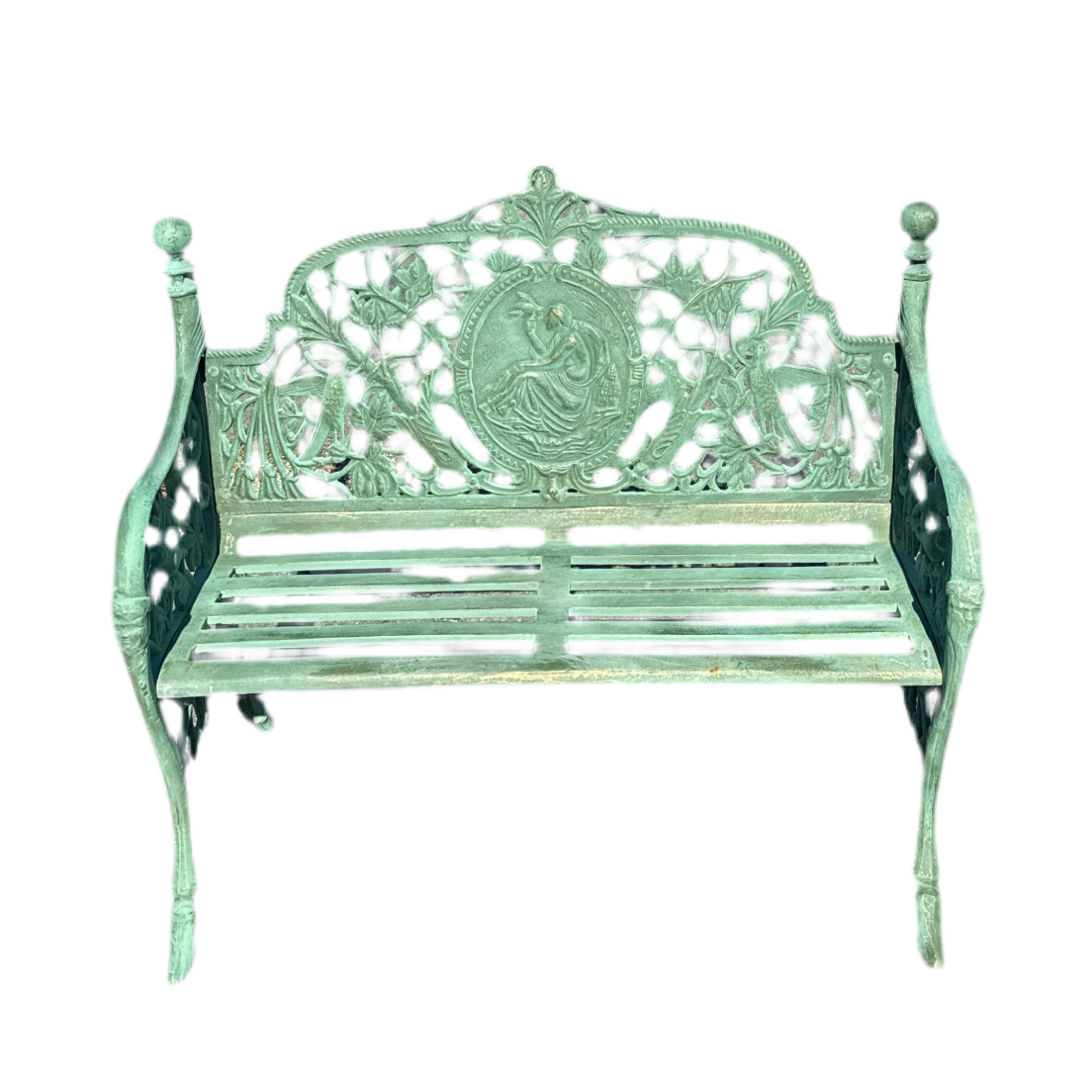 decorative rustic green cast iron 2 seater garden bench chair