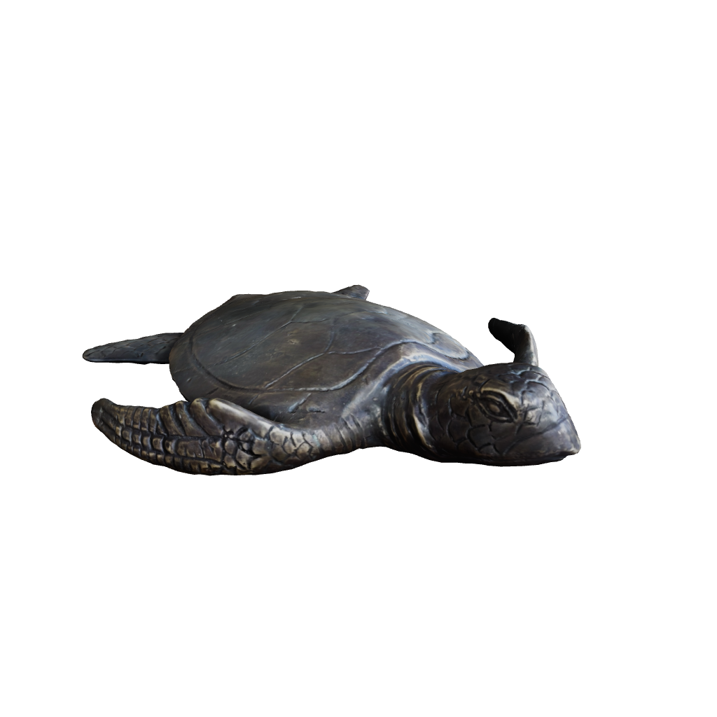 3D view of small brass sea turtle model great for bookshelf, tabletop or bench display