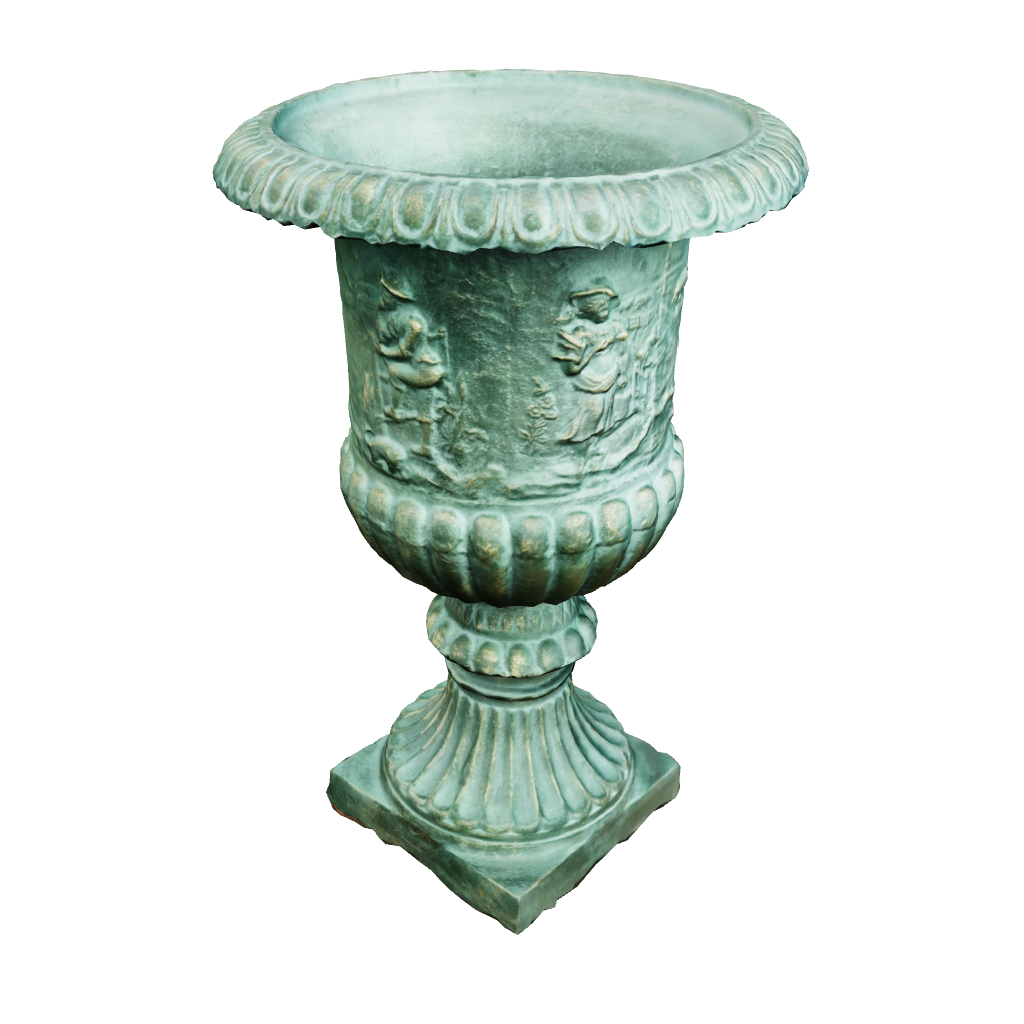 3D image of the extra-large cast green iron urn with illustrations