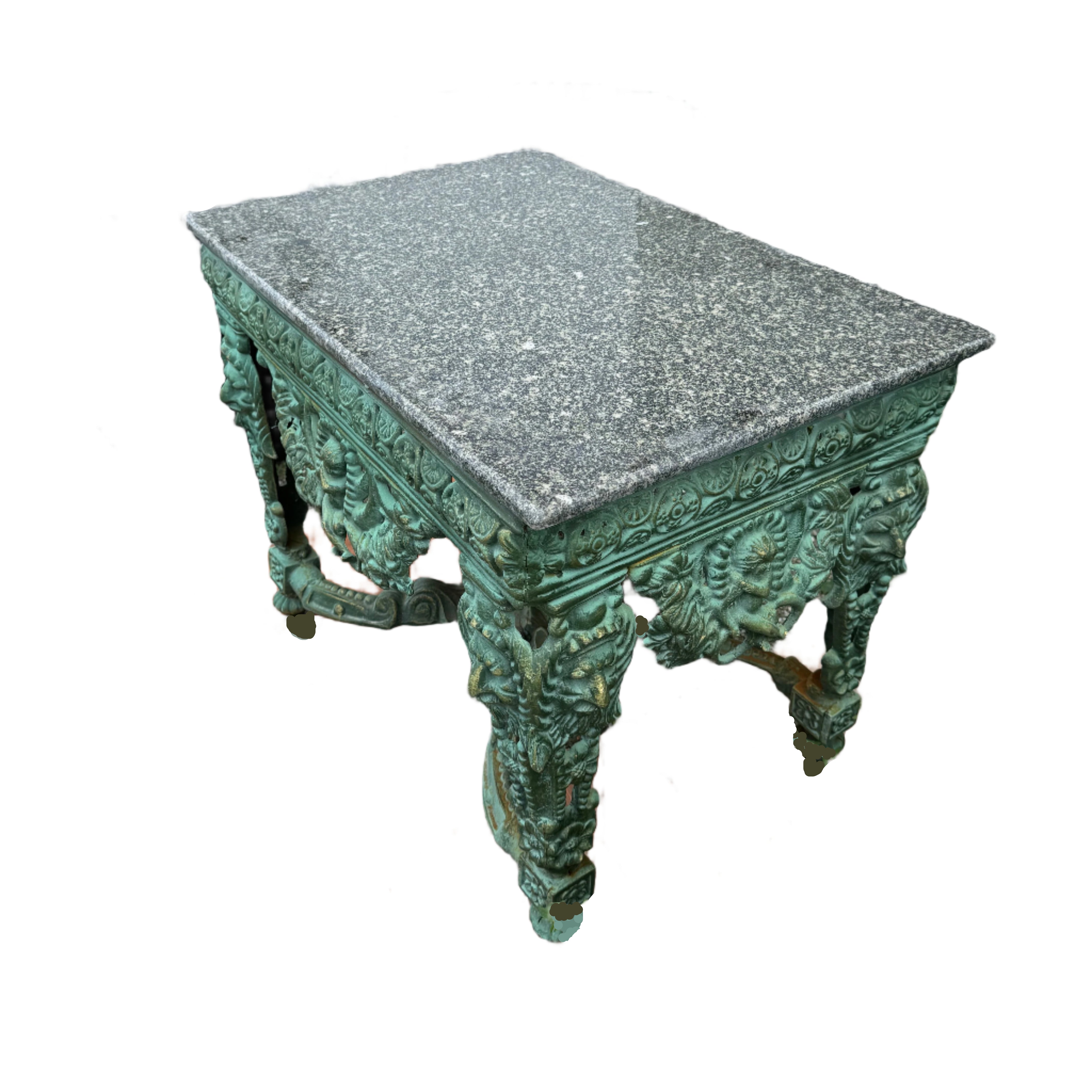 small green cast iron able with stone top